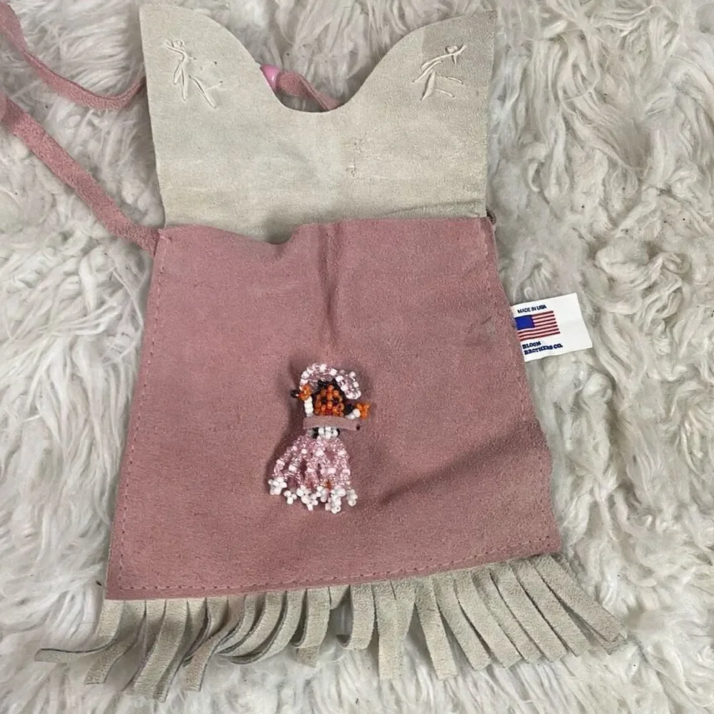 Southwestern Leather Girls Purse Crossbody Bag Beaded Doll Fringe Made in USA